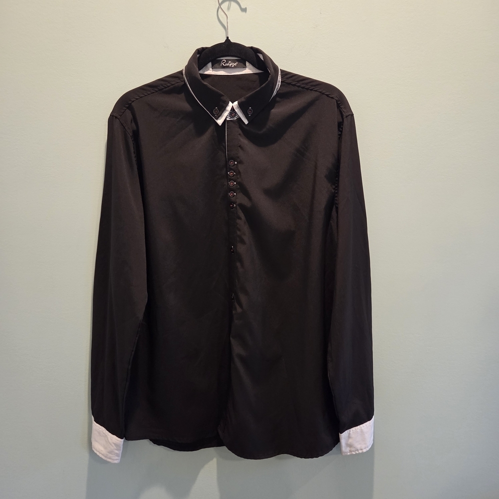 Ruiqige Black Button-Down Shirt with White Contrast Trim Red Button Men's M/L